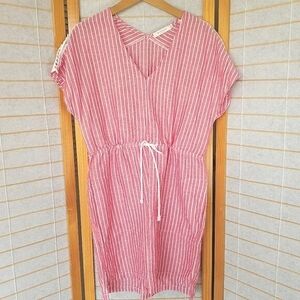 Mododoc Casual Linen Dress Size Small Red Ticking Stripe
